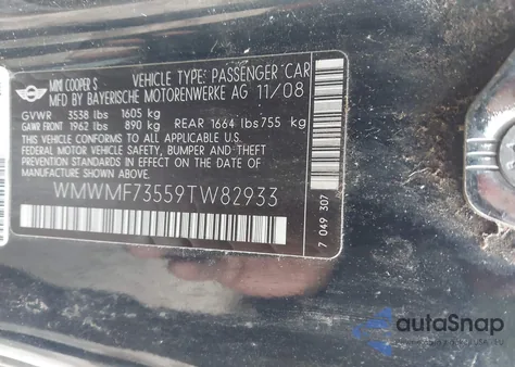 2009 Mini Cooper S z USA, uszkodzony, nr VIN WMWMF73559TW82933